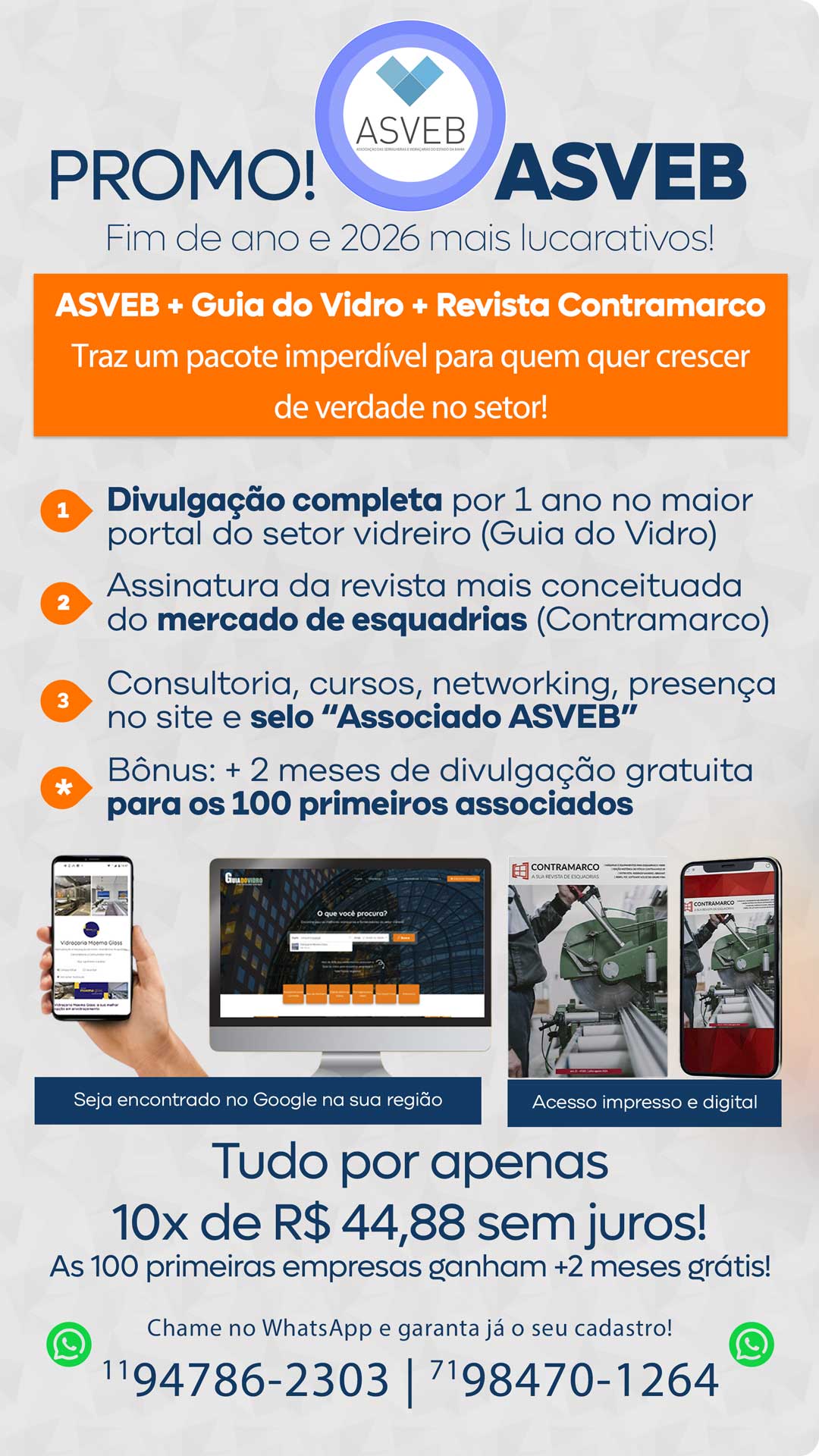 Promoção ASVEB traz visibilidade digital com Guia do Vidro e conhecimento técnico com Revista Contramarco para vidraceiros e serralheiros da Bahia. Invista agora!