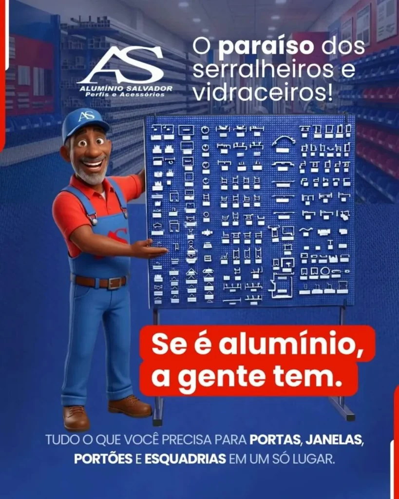 Fachada de loja em Salvador com mostruário de perfis de alumínio para portas, janelas, portões e esquadrias. O mascote da Alumínio Salvador, seu AS.