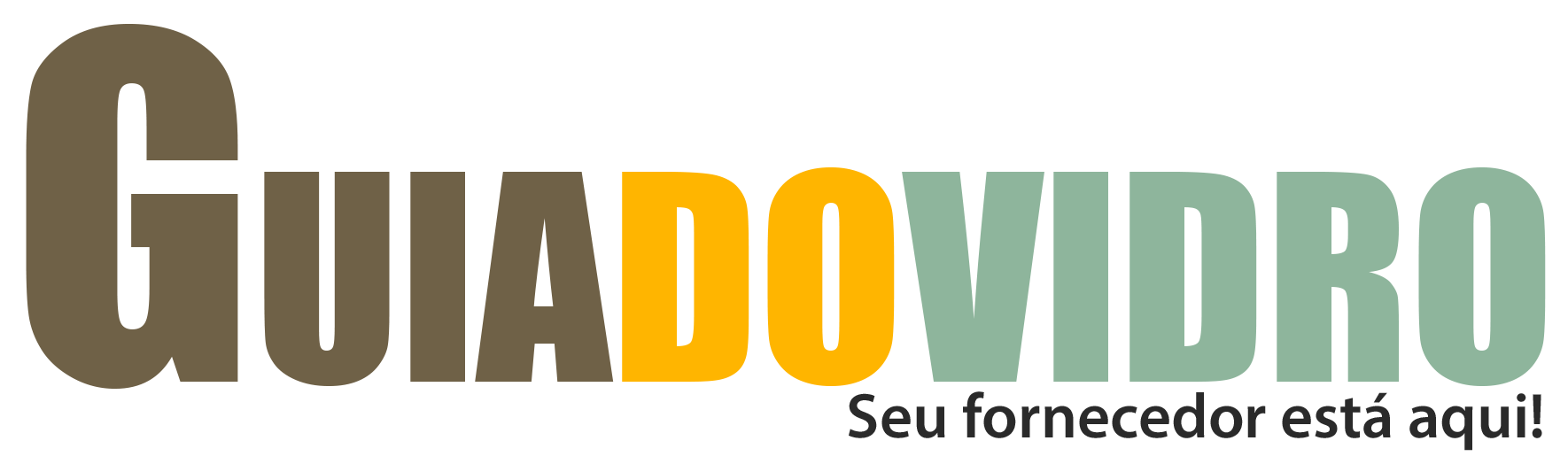 Logotipo textual 'Guia do Vidro' com tipografia em blocos. A palavra 'GUIA' aparece em marrom, a preposição 'DO' em amarelo vibrante e a palavra 'VIDRO' em verde-água, acompanhada do slogan 'Seu fornecedor está aqui!' no canto inferior direito.
