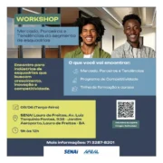 Banner promocional do Workshop “Mercado, Parceiros e Tendências do Segmento de Esquadrias”, realizado no SENAI Lauro de Freitas, Bahia, em 09 de junho, das 9h às 12h. A imagem mostra dois profissionais sorrindo em destaque, com informações sobre mercado de esquadrias, programa de competitividade e trilha de formação e cursos. O banner também apresenta QR Code para inscrição, endereço do evento, telefone para contato e logos do SENAI e AFEAL.