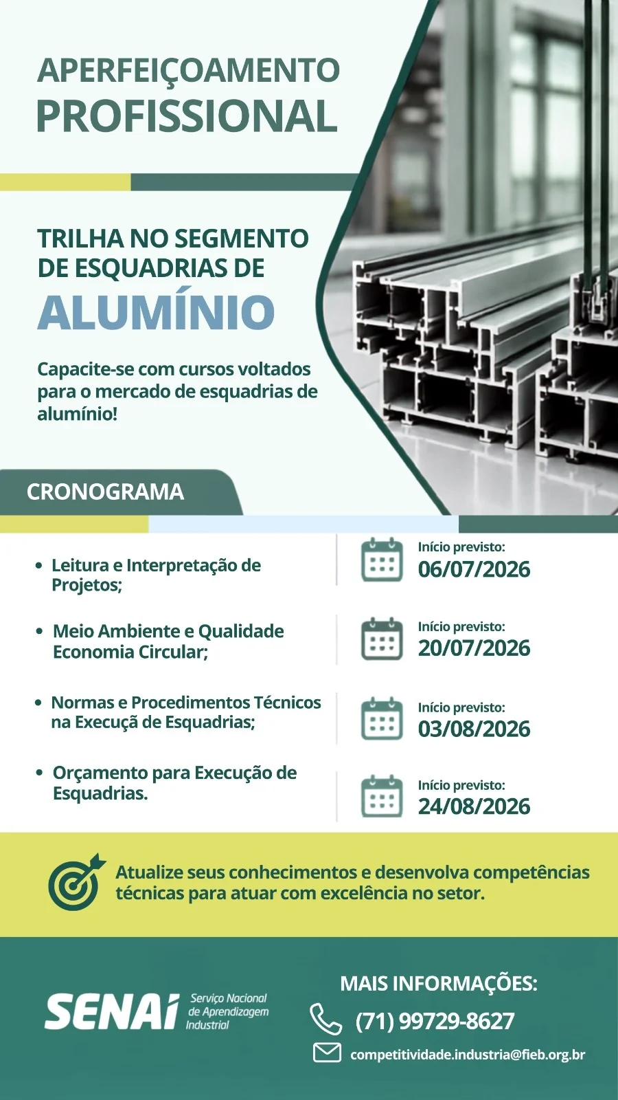Banner institucional de curso de capacitação em esquadrias de alumínio mostrando perfis metálicos estruturados e informações sobre o módulo de interpretação de projetos.