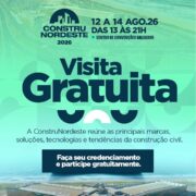 Cartaz da ConstruNordeste 2026 anunciando visita gratuita de 12 a 14 de agosto de 2026 no Centro de Convenções Salvador, Bahia. Feira de construção civil com as principais marcas, soluções e tecnologias.
