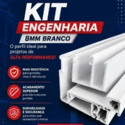 Imagem promocional do "Kit Engenharia 8MM Branco" da Alumínio Salvador, apresentando perfis de alumínio na cor branca. O texto destaca atributos como alto desempenho, resistência para grandes vãos, acabamento superior, durabilidade e segurança. Inclui o preço de R$ 269,99 para compras com CNPJ.