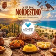 Celebração do Dia do Nordestino com elementos da cultura e gastronomia regional, incluindo cuscuz, acarajé e mandioca em destaque, sobre um cenário com o sertão e o litoral do Nordeste.